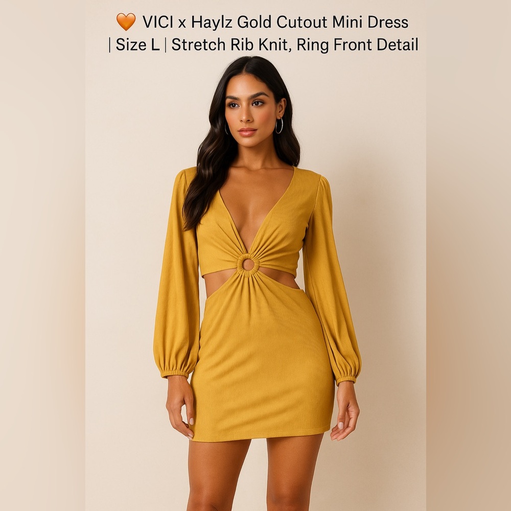🧡 VICI x Haylz Mustard Yellow Cutout Mini Dress | Size L | Stretch Rib Knit